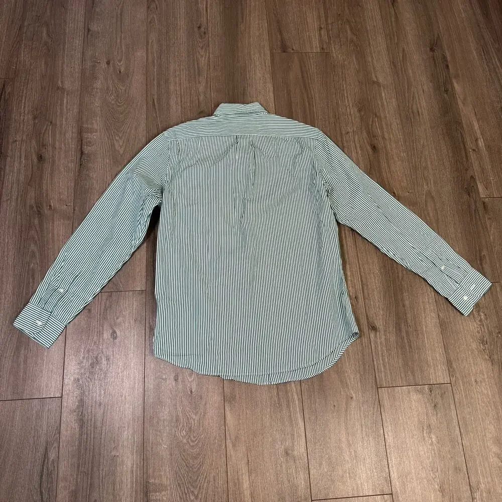 J.Crew Secret Wash Cotton Poplin Shirt Mens M Green White Striped Long Sleeve